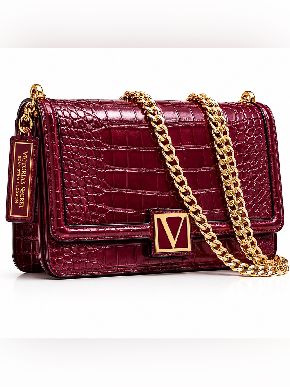 Victoria’s Secret Victoria Burgundy Croc Embossed Gold Chain Bag Purse - Picture 2 of 16